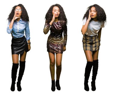 Parti giyen genç kadın kolaj izole beyaz arka plan el gizli söylenti söylüyor, kötü niyetli konuşma konuşma fısıldayan ağzına üzerinde görünüyor