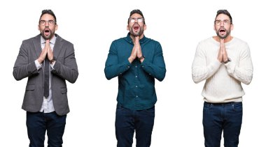 Yakışıklı iş adamı yalvarıyor ve umut ifade yüzünde çok duygusal ve endişe ile birlikte elleriyle dua beyaz izole arka plan üzerinde kolaj. Bağışlanmak. Din kavramı.