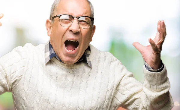 Handsome Senior Man Wearing Glasses Winter Sweater Crazy Mad Shouting — Stock Photo, Image