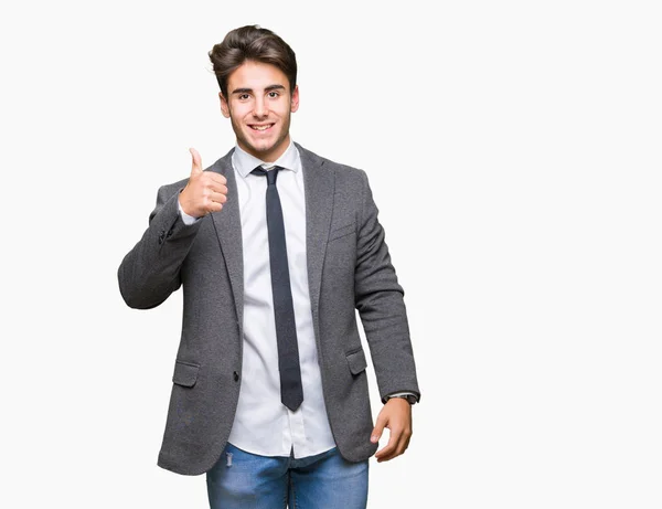 Jeune Homme Affaires Portant Costume Cravate Sur Fond Isolé Faisant — Photo