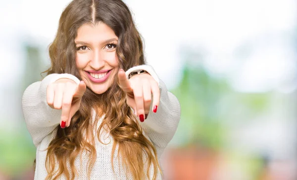 Young Beautiful Woman Wearing White Sweater Pointing You Camera Fingers — Stock Photo, Image