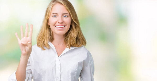 Beautiful young business woman over isolated background showing and pointing up with fingers number four while smiling confident and happy.