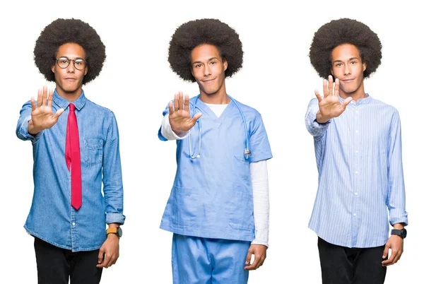 Collage Giovane Uomo Con Capelli Afro Sfondo Bianco Isolato Facendo — Foto Stock