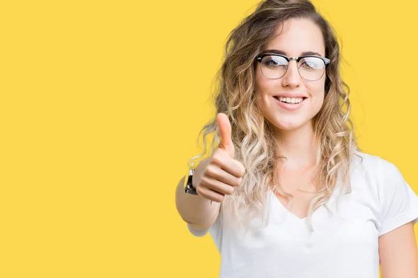 Beautiful Young Blonde Woman Wearing Glasses Isolated Background Doing Happy — Stock Photo, Image