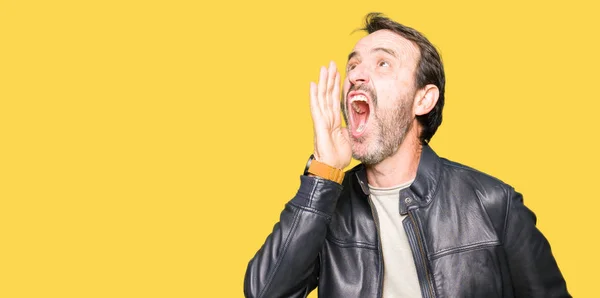 Middle Age Handsome Man Wearing Black Leather Jacket Shouting Screaming — Stock Photo, Image