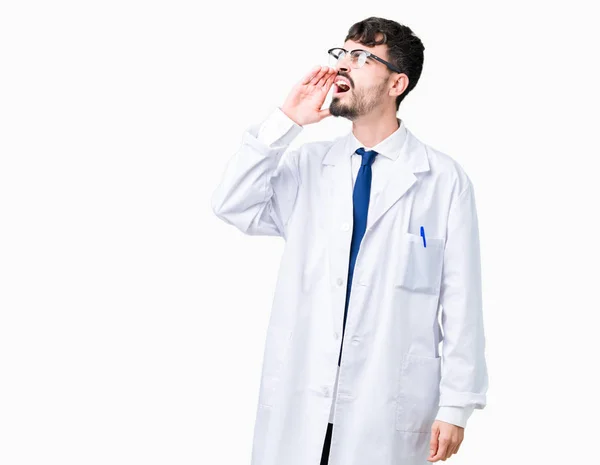 Young Professional Scientist Man Wearing White Coat Isolated Background Shouting — Stock Photo, Image