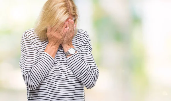 Middle Age Blonde Woman Isolated Background Sad Expression Covering Face — Stock Photo, Image