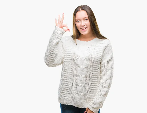 Mooie Kaukasische Jongedame Dragen Winter Trui Geïsoleerde Achtergrond Glimlachend Positieve — Stockfoto