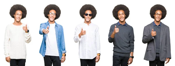Kollázs Fiatalember Afro Haj Alatt Fehér Elszigetelt Háttérben Boldog Remek — Stock Fotó