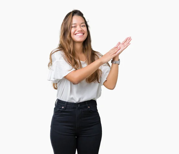 Young Beautiful Brunette Business Woman Isolated Background Clapping Applauding Happy — Stock Photo, Image