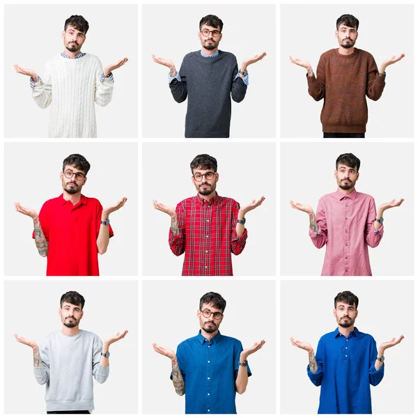 Collage Young Man Isolated Background Clueless Confused Expression Arms Hands — Stock Photo, Image