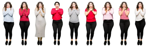 Collage Hermosa Mujer Joven Con Diferentes Miradas Sobre Fondo Blanco —  Fotos de Stock