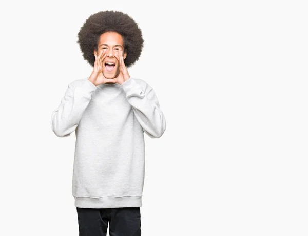Young African American Man Afro Hair Wearing Sporty Sweatshirt Shouting — Stock Photo, Image