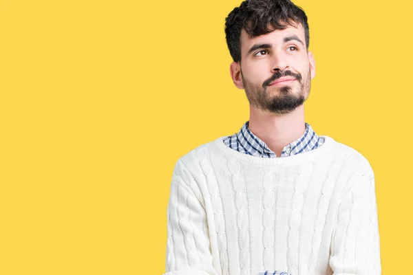 Jovem Bonito Homem Vestindo Inverno Suéter Sobre Isolado Fundo Sorrindo — Fotografia de Stock