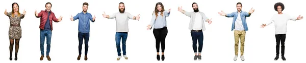 Collage People White Isolated Background Looking Camera Smiling Open Arms — Stock Photo, Image