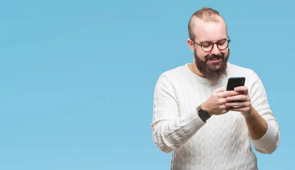 Young Caucasian Hipster Man Texting Sending Message Using Smartphone Isolated — Stock Photo, Image