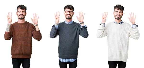 Коллаж Молодого Человека Свитере Изолированном Фоне Показывает Показывает Пальцами Номер — стоковое фото