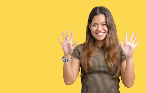 Jovem Bela Mulher Morena Sobre Fundo Isolado Mostrando Apontando Para — Fotografia de Stock