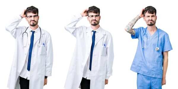 Коллаж Доктора Человека Медицинском Пальто Изолированном Фоне Смущает Удивляет Вопросом — стоковое фото