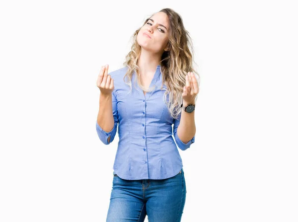 Beautiful young blonde business woman over isolated background Doing money gesture with hand, asking for salary payment, millionaire business