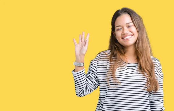 Jovem Bela Mulher Morena Vestindo Listras Suéter Sobre Fundo Isolado — Fotografia de Stock