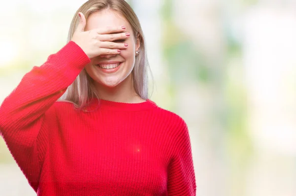 Mujer Rubia Joven Vistiendo Suéter Invierno Sobre Fondo Aislado Sonriendo — Foto de Stock