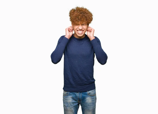 Young Handsome Man Afro Hair Covering Ears Fingers Annoyed Expression — Stock Photo, Image