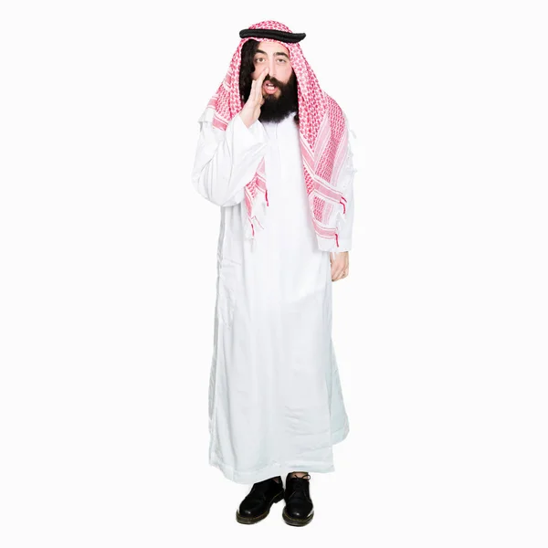 Arabian Affärsman Med Långt Hår Bär Traditionella Huvudbonaden Halsduk Handen — Stockfoto