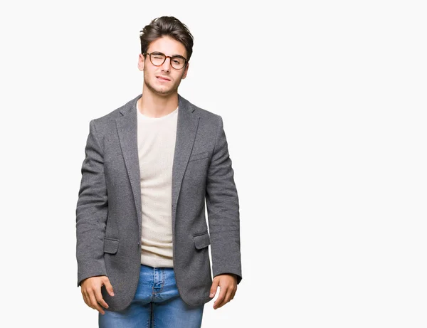 Jovem Homem Negócios Vestindo Óculos Sobre Fundo Isolado Piscando Olhando — Fotografia de Stock