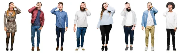Collage Personer Över Vit Isolerade Bakgrund Gör Gest Med Handen — Stockfoto
