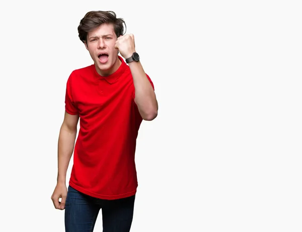 Giovane Bell Uomo Che Indossa Shirt Rossa Sfondo Isolato Arrabbiato — Foto Stock