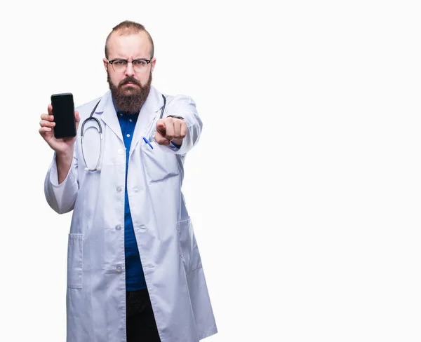 Young Doctor Man Showing Smartphone Screen Isolated Background Pointing Finger — Stock Photo, Image