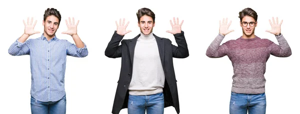 Коллаж Молодого Привлекательного Бизнесмена Изолированном Фоне Показывая Показывая Пальцами Номер — стоковое фото