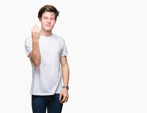 Joven Hombre Guapo Vistiendo Casual Camiseta Blanca Sobre Fondo Aislado —  Fotos de Stock