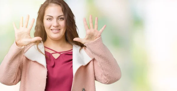 Mooie Grootte Jonge Vrouw Dragen Winterjas Geïsoleerde Achtergrond Tonen Omhoog — Stockfoto