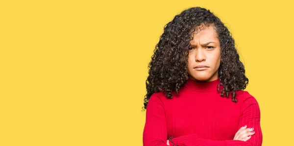 Young Beautiful Woman Curly Hair Skeptic Nervous Disapproving Expression Face — Stock Photo, Image