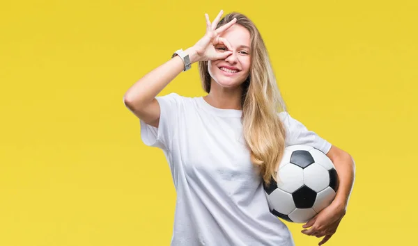 Young Beautiful Blonde Woman Holding Soccer Ball Isolated Background Happy — Stock Photo, Image