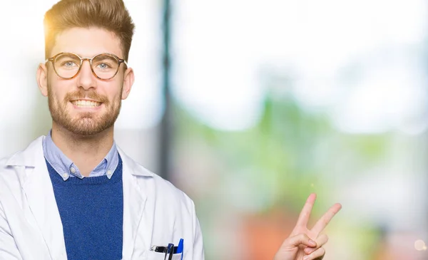 Young Handsome Scientist Man Wearing Glasses Smiling Happy Face Winking — Stock Photo, Image