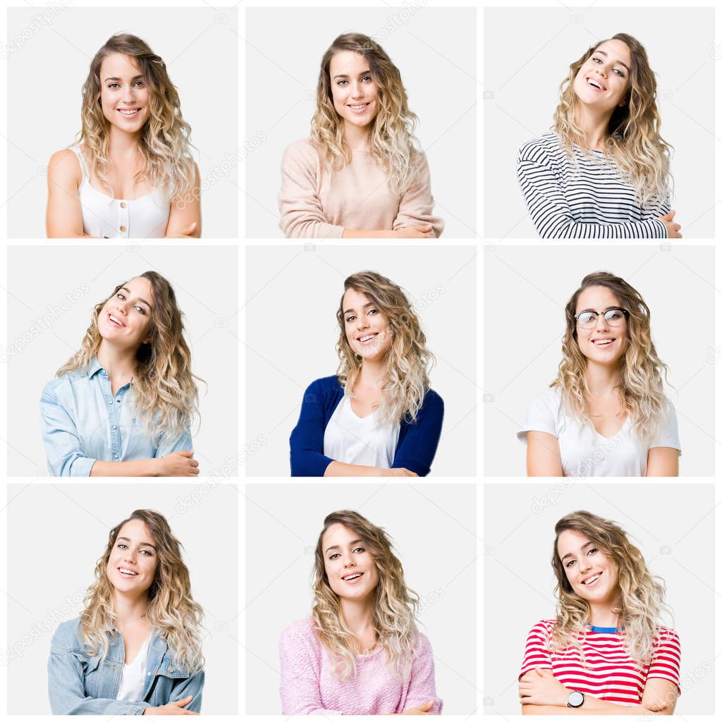 Collage of young beautiful blonde girl over isolated background happy face smiling with crossed arms looking at the camera. Positive person.