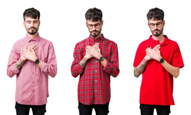 Kolaj ile gülümseyen izole arka plan üzerinde gözlük takan genç adamın göğüs kapalı gözler ve yüzünde minnettar jest ile eller. Sağlık kavramı.