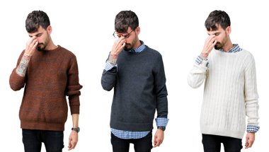 Kolaj gencin izole arka plan yorgun sürtünme burun ve göz yorgunluğu ve baş ağrısı duygu üzerinde bir kazak giyiyor. Stres ve hayal kırıklığı kavramı.