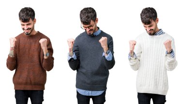 Kolaj üzerinde bir kazak giyen genç adam bir arka plan çok mutlu ve heyecanlı kaldırdı, gülümseyen ve başarı için çığlık silah ile kazanan jest yapıyor izole. Kutlama kavramı.