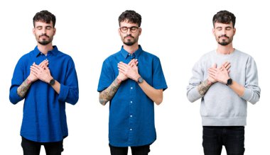 Göğüs kapalı gözler ve yüzünde minnettar jest ile kolaj bir delikanlı ile gülümseyen izole arka plan üzerinde eller. Sağlık kavramı.