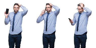 Kafasına, utanç ve sürpriz yüz ile şok el ile vurguladı izole arka plan üzerinde akıllı telefon kullanma yakışıklı iş adamı kolaj öfkeli ve sinirli. Korku ve hata için üzgün.