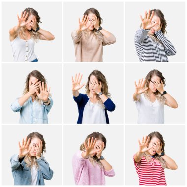 Genç güzel sarışın kız yüzünden kolaj izole elleriyle gözlerini kapsayan arka plan ve stop jest ile acı ve korku ifadesi. Utandım ve negatif kavramı.