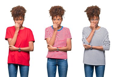 Kolaj stresli ve gergin ile izole arka plan üzerinde genç güzel Afrikalı kızın tırnak ısırma dudaklarından eller. Anksiyete sorunu.