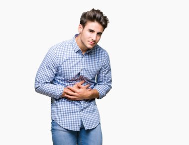 Genç yakışıklı iş adam izole mide üzerinde el ile arka plan çünkü mide bulantısı, ağrılı hastalık hasta hissediyor. Ağrısı kavramı.