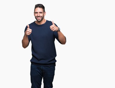 El ile pozitif jest yapıyor izole arka plan başarı işareti üzerinde kazak giyen genç yakışıklı adam başparmak gülümseyen ve mutlu. Neşeli bir ifadeyle, kazanan jest kameraya bakıyor.