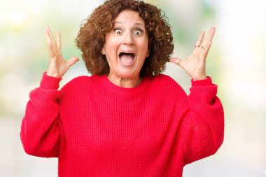 Güzel orta ager kadın kıdemli kırmızı kış kazak üzerinde arka plan çılgın kutlama izole ve başarı için kaldırdı Kollarını açarak hayrete ve heyecanlı çığlık gözleri açık. Kazanan kavramı