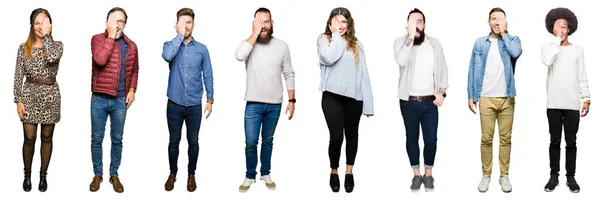 Collage Persone Sfondo Bianco Isolato Che Copre Occhio Con Mano — Foto Stock